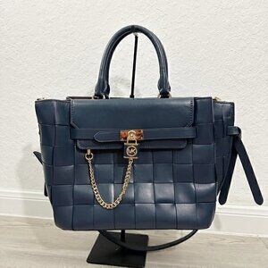 Rare Michael Kors‎ Hamilton Legacy Large Woven Leather Belted Satchel Bag Blue
